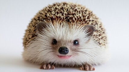 Fototapeta premium A cute hedgehog with brown and white quills looking at the camera.