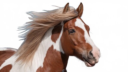 A close up of a brown and white horse with flowing mane