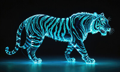 A glowing blue tiger walks across a dark surface