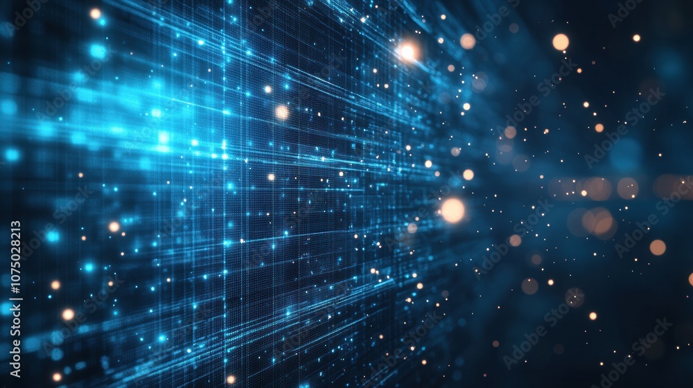 Poster Abstract blue technology background with glowing lines and grid