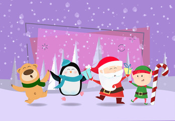 Purple postcard design with cartoon Santa and snowman. Poster design with cartoon Santa Claus and snowman on abstract background. Can be used for programs, postcards, invitations