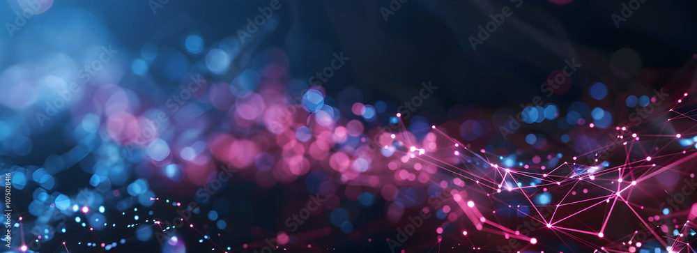 Poster abstract digital background with glowing lines and dots forming interconnected geometric shapes in b