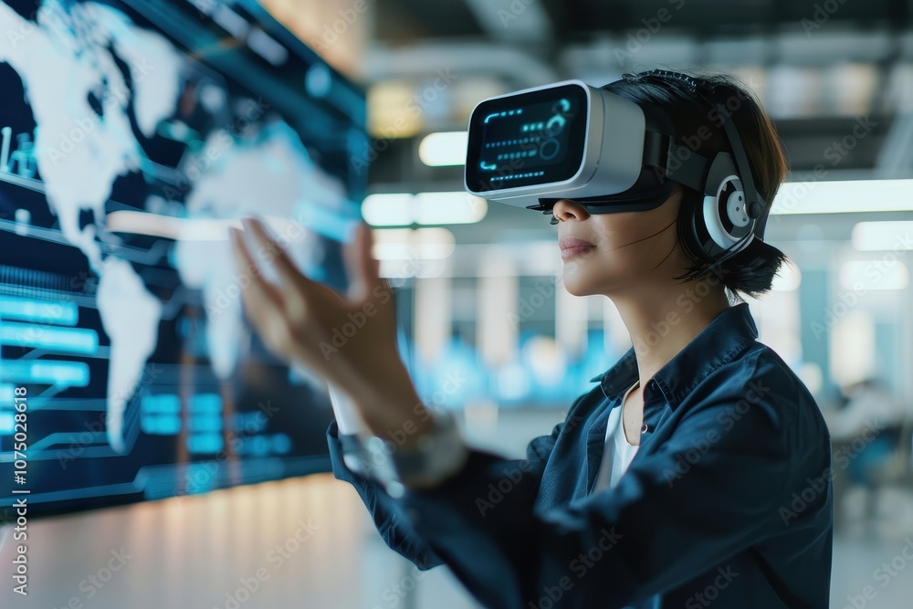 Poster woman using virtual reality headset for interactive data visualization in modern office