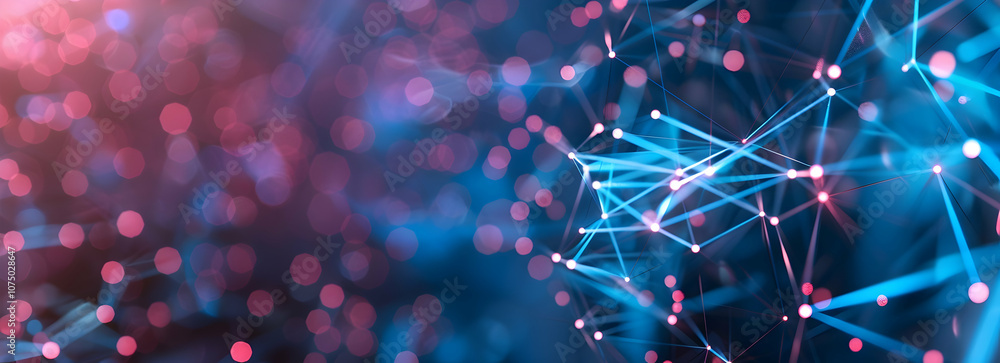 Poster abstract digital background with glowing lines and dots forming interconnected geometric shapes in b