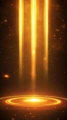 Creative Abstract Marketing Background Featuring a Golden Backdrop Illuminated by Beams of Light, Representing the Opening of an Award Ceremony. This Composition Centers Around Three Laser Lights Proj
