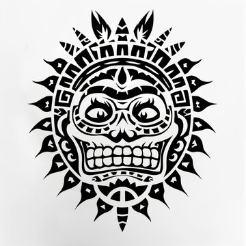 recommend clip art: Bold line art illustration of a sun-inspired Aztec skull symbol in black ink, representing cultural richness. Ideal for tattoo ideas and historical design concepts with a focus on tribal aesthetics.