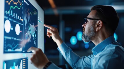 Focused Analyst Interacting with Digital Dashboard Displaying Global Data and Analytics