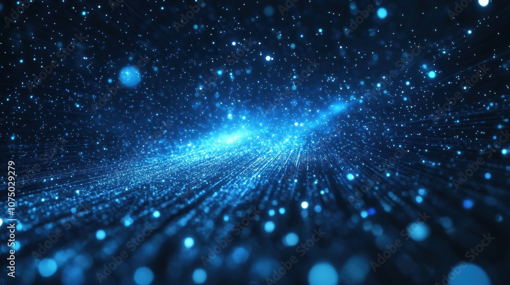 Poster Abstract blue particles flowing in digital space representing big data visualization
