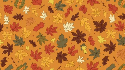 A colorful array of autumn leaves in shades of red, yellow, orange, and green is scattered across a warm orange background. This seasonal design captures the essence of fall Thanksgiving day concept