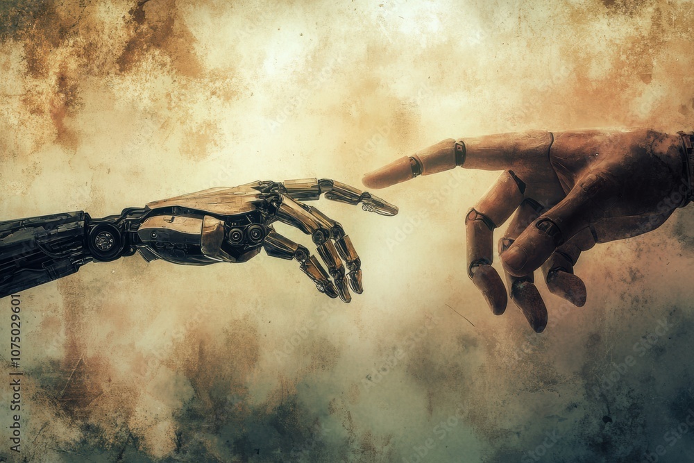 Poster A lifelike robot hand reaches for a human hand, representing the connection between technology and human emotion in a thoughtful manner. Generative AI