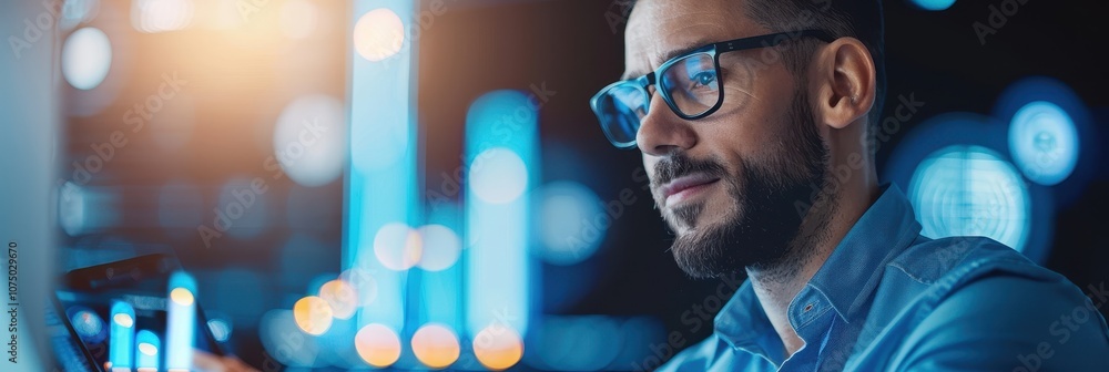 Poster close-up of a thoughtful analyst wearing glasses, concentrating on a digital display screen with dat
