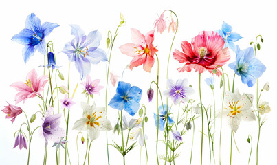 A watercolor illustration of wildflowers, a variety of flowers in various colors including reds and pinks, whites and blues