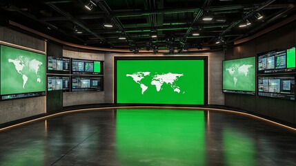 Virtual TV Studio Set with Green Screen Backdrop. AI generated illustration