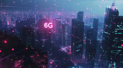 Obraz premium Futuristic Smart City Skyline with Illuminating 6G Holographic Text Overlay