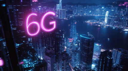 Obraz premium Futuristic Smart City Skyline with Glowing 6G Holographic Text Overlay Symbolizing Advanced