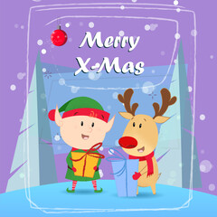 Xmas greeting card design. Reindeer and elf with gifts, red bauble and fir trees on abstract background. Template can be used for banners, posters, postcards