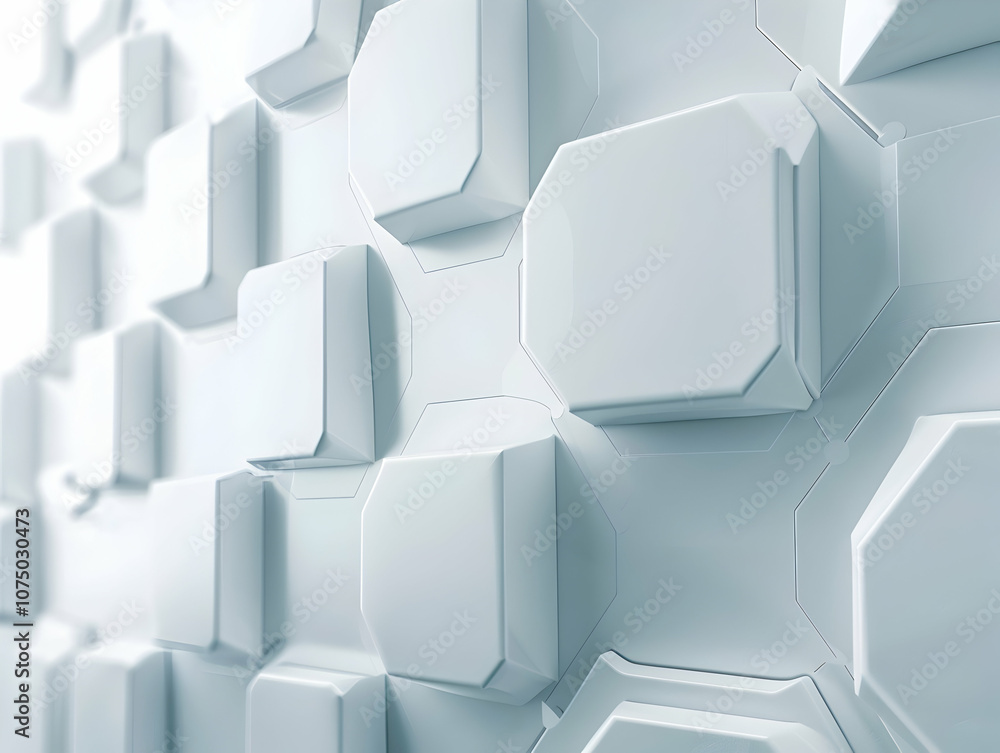 Poster 3d render, abstract white background with a hexagonal pattern for a technology