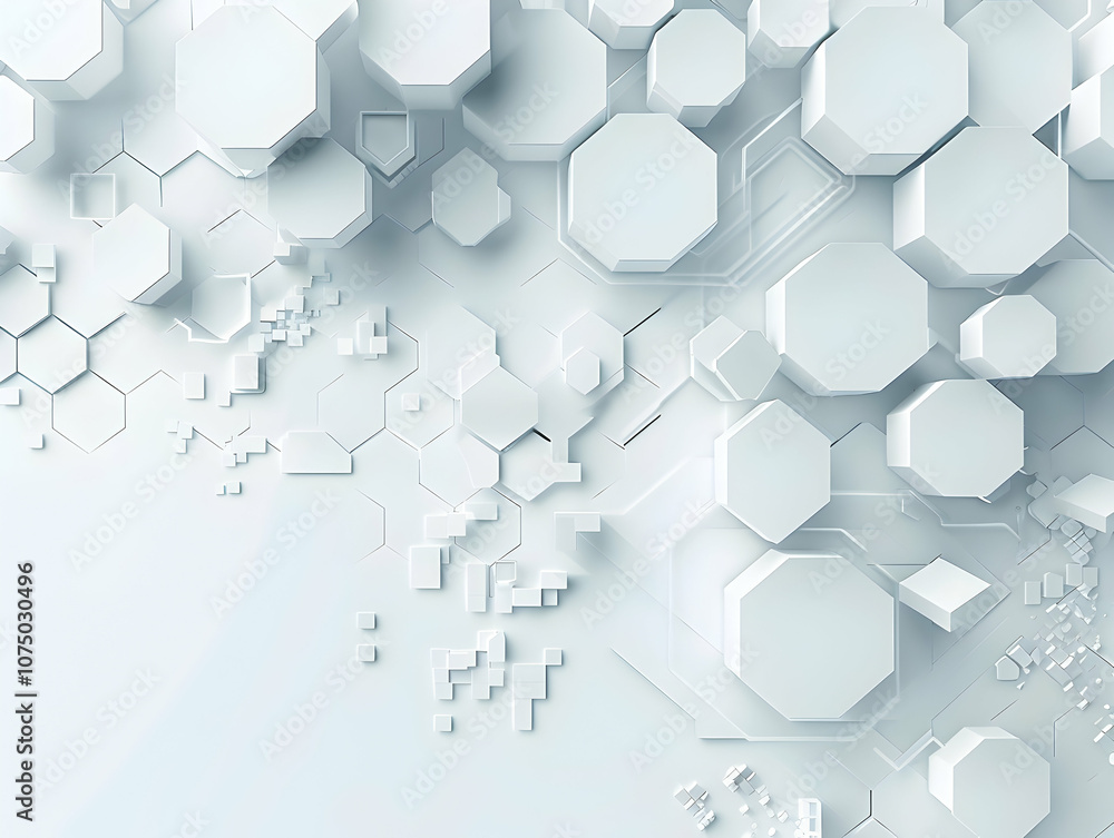 Poster 3d render, abstract white background with a hexagonal pattern for a technology
