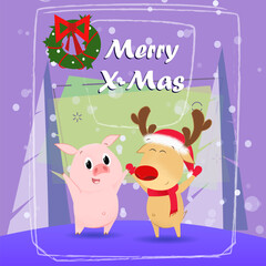 Xmas greeting card design. Dancing piggy, reindeer and hanging fir wreath on abstract background. Template can be used for banners, posters, postcards