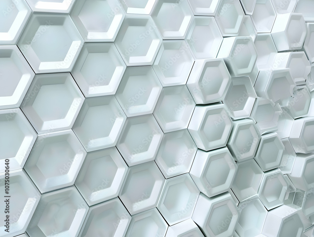 Poster 3d render, abstract white background with a hexagonal pattern for a technology