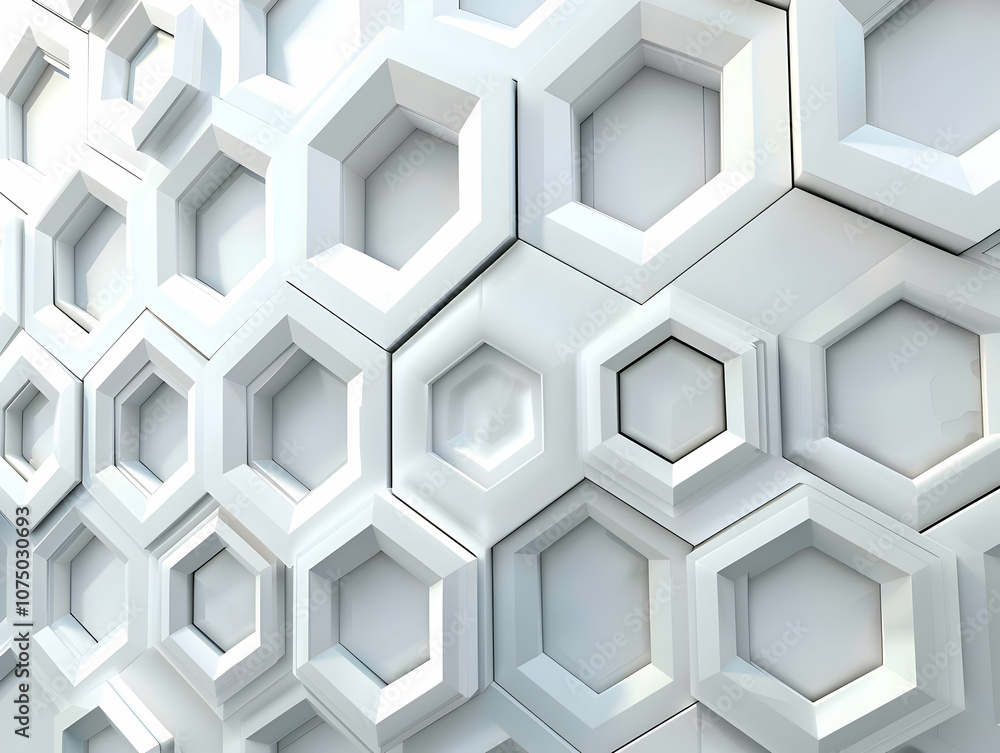 Poster 3d render, abstract white background with a hexagonal pattern for a technology