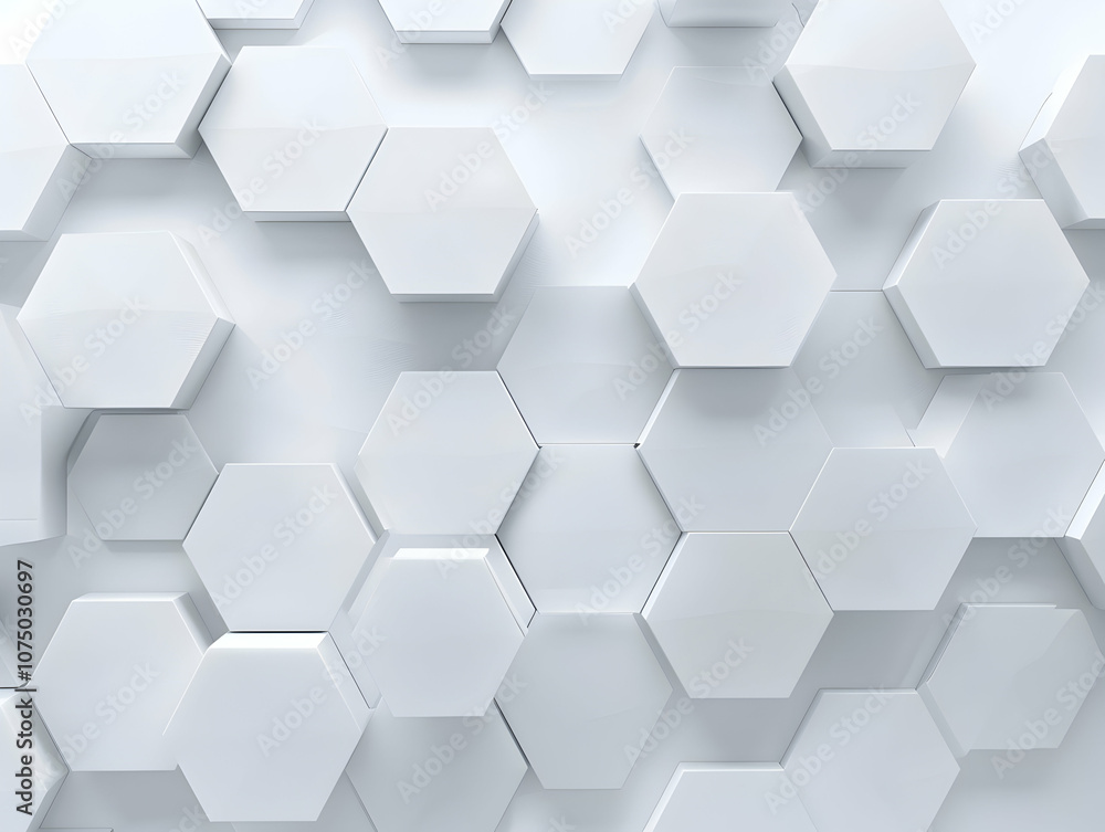 Poster 3d render, abstract white background with a hexagonal pattern for a technology