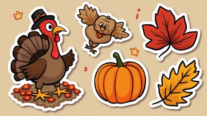 A cheerful turkey stands on a bed of flowers, accompanied by an owl, a pumpkin, and colorful leaves, capturing the festive spirit of autumn and Thanksgiving Thanksgiving day concept