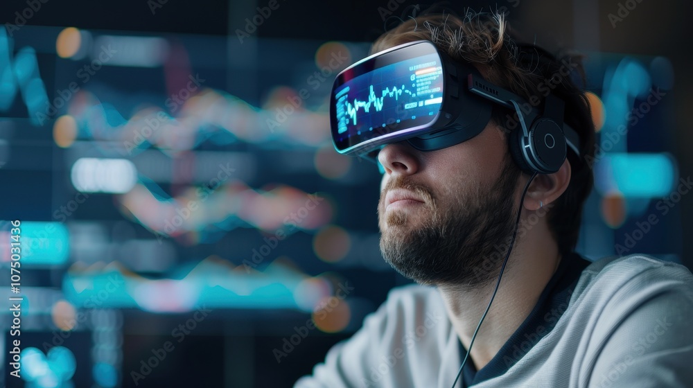 Poster man using virtual reality headset to explore financial data and stock market charts in immersive env