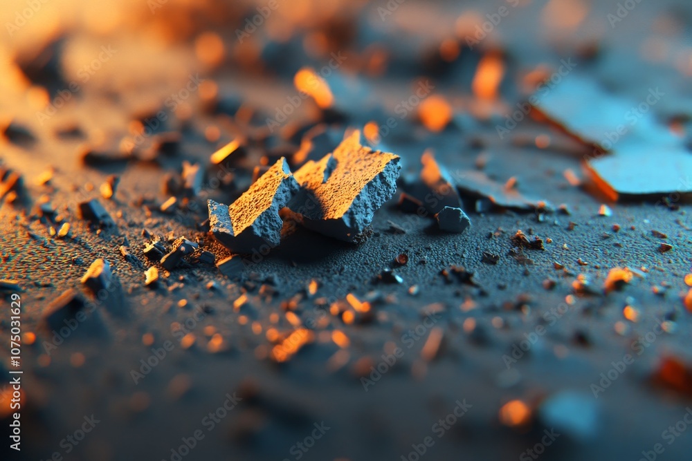 Poster close-up of textured fragments illuminated by warm light on a dark surface showcasing detailed patte