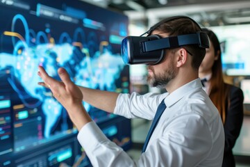Young businessman wearing a virtual reality headset, engaging with a global data visualization display in a high-tech office, with a colleague observing in the background.