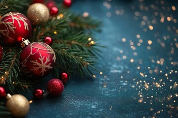 Christmas Decorations with Red and Gold Ornaments on Blue Background. Ideal for seasonal content and holiday celebrations.