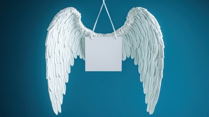 Angel wings with a blank sign hanging, suggesting a message or invitation.