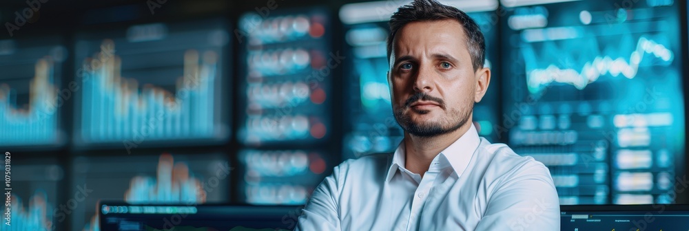 Poster confident financial analyst in front of data screens with stock market charts and graphs in trading 