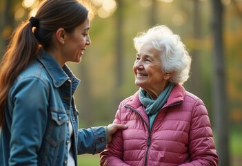 Fototapeta premium A young woman engages in an uplifting conversation with an elderly lady during a golden hour walk in a tranquil forest. The warm sunlight enhances the cheerful atmosphere of their interaction.