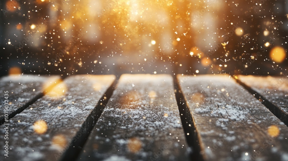 Poster wooden table with snow and bokeh lights. winter background - generated ai