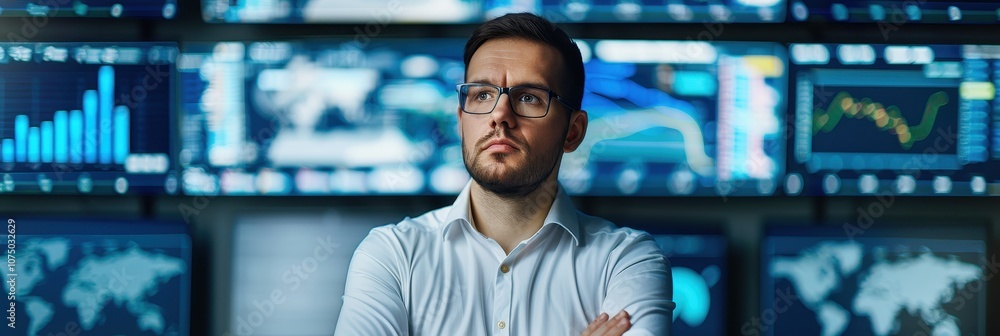 Aufkleber confident financial analyst with crossed arms in front of multiple data screens analyzing global mar