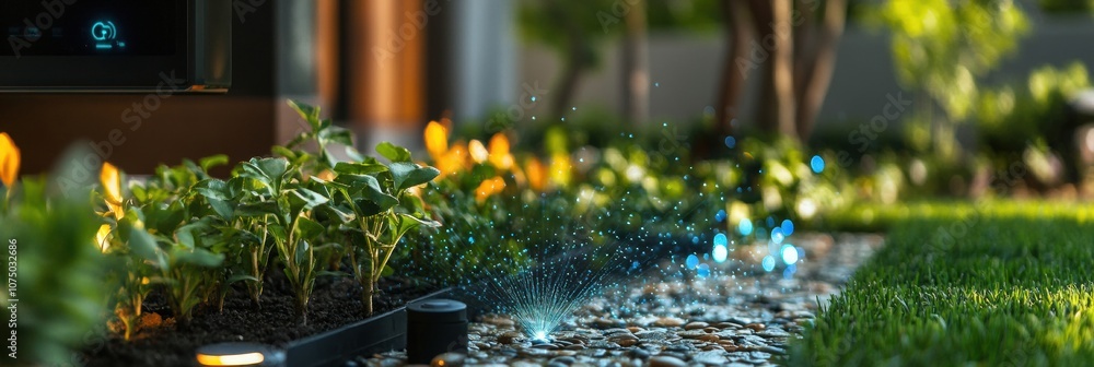 Poster a vibrant garden features efficient automated sprinklers and soil sensors ensuring optimal growth fo