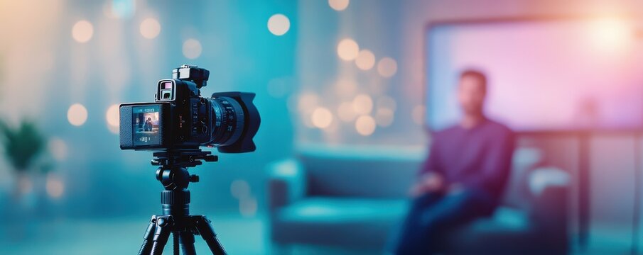 A camera capturing a person's reflections in a cozy setting.