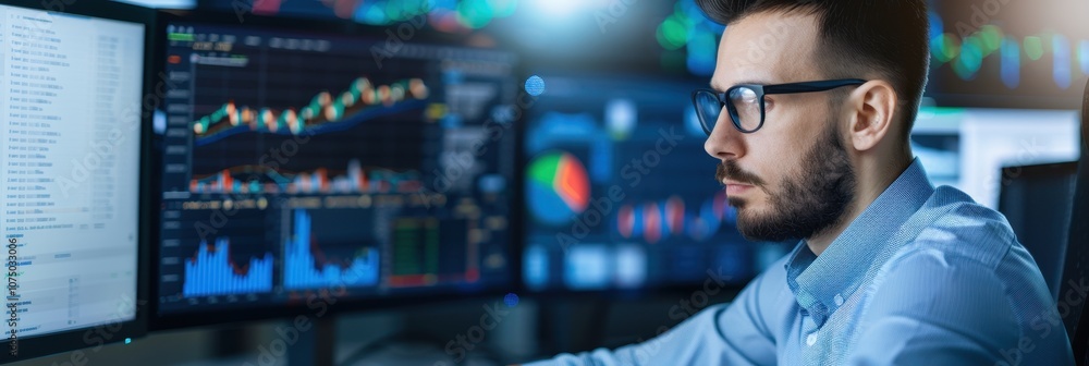 Aufkleber stock market analyst intently examining financial charts and stock data displayed on multiple monito