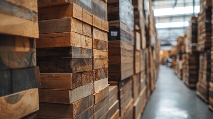 Fototapeta premium A row of wooden stacked in a store or warehouse