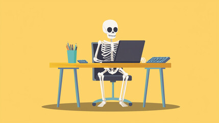 Skeleton sitting at a desk with a laptop and office supplies, humorously depicting work-related exhaustion on a bright background