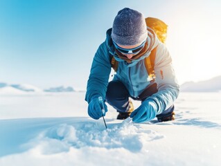 A researcher measuring snow depth in a snowy landscape.