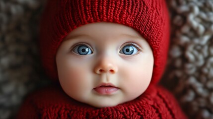 A charming baby with wide, expressive eyes wears a red knitted hat, set against a backdrop of cozy textures, conveying purity and innocence, ideal for family themes.