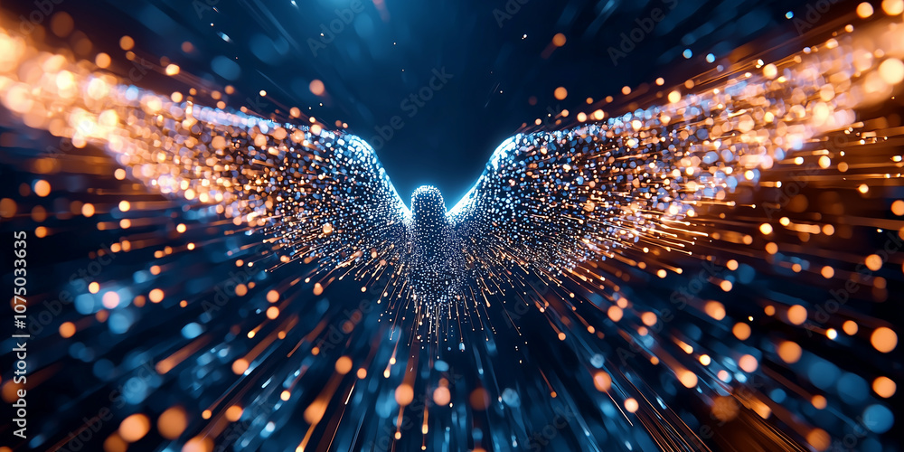 Aufkleber digital phoenix rises from sea of data, symbolizing transformation and innovation in technology. vibrant colors and dynamic motion convey sense of energy and progress