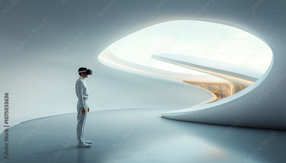 Aufkleber person wearing VR goggles stands in futuristic, minimalistic architectural space, visualizing 3D model. smooth curves and bright lighting create serene atmosphere
