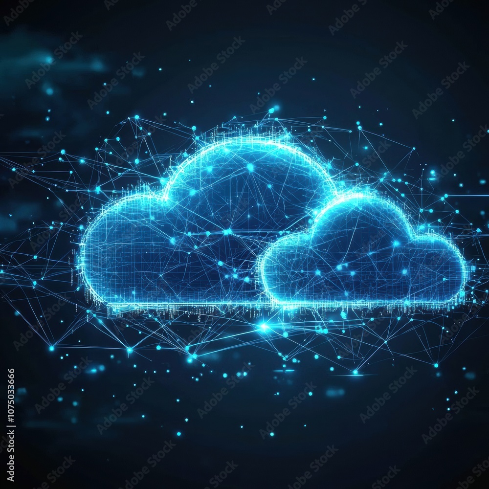 Poster Glowing digital cloud computing symbol with network connections on dark background