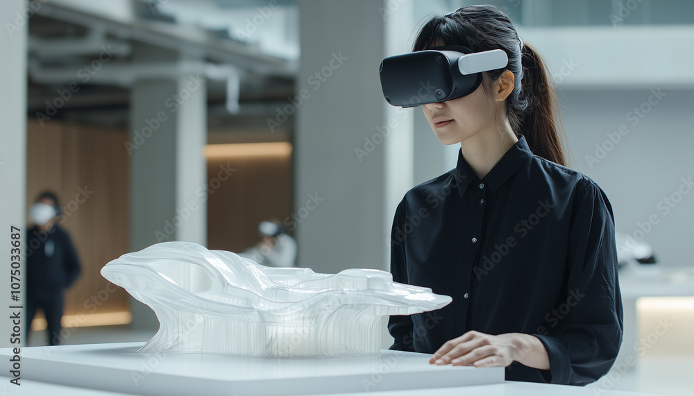 Poster architect wearing vr goggles visualizes 3d model in modern office, showcasing innovative design and 