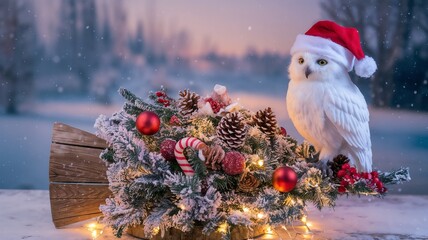 Obraz premium An owl with red Santa hat on a Christmas tree in a snow background. festival concepts.