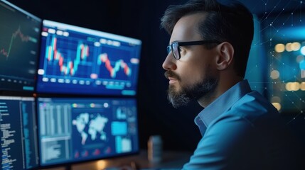 Fototapeta premium Focused trader analyzing financial charts on multiple monitors in dark office