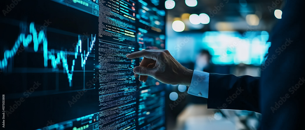 Poster person interacts with digital screen displaying data visualizations and code, highlighting integration of technology and analytics in modern workspace